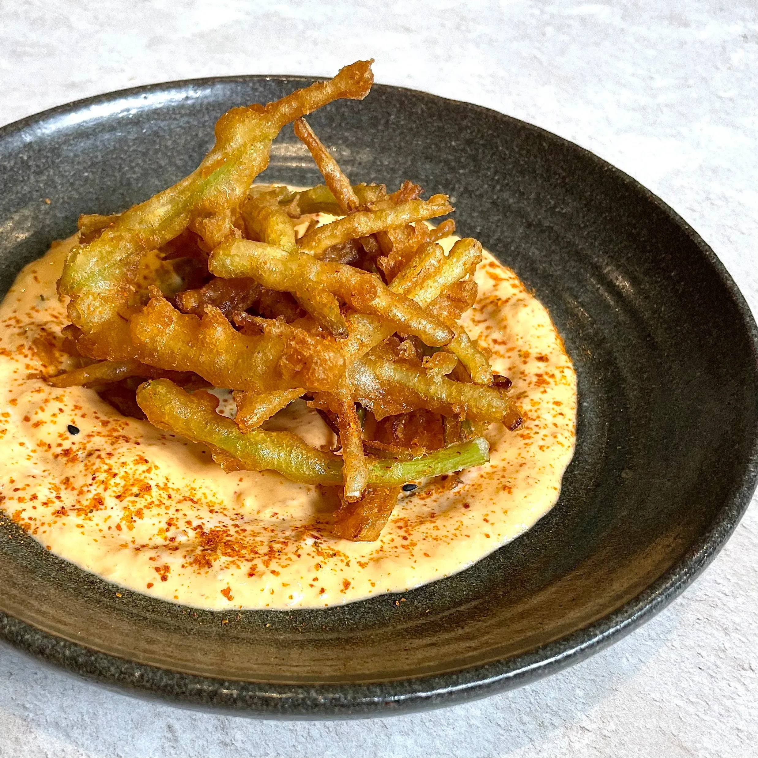 Tempura spring onions with kimchi mayo